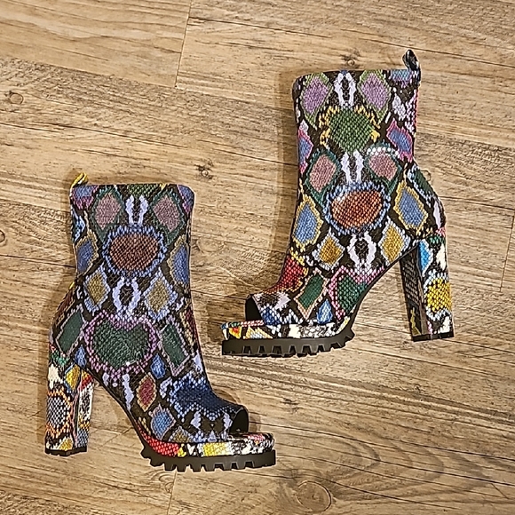 Multicolor Snake-Print Peep-Toe Ankle Booties with Block Heel - Picture 4 of 6